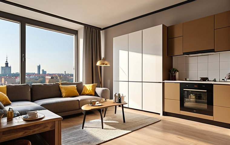 **
> A cozy, modern apartment interior in Warsaw, Poland. Focus on the "stan techniczny" (technical condition) with high-quality finishes, new appliances, and lots of natural light. In the background, show a glimpse of Warsaw's skyline. The overall feeling should be "ready to move in" and desirable. Consider "złoty" (golden) hour lighting for a warm and inviting mood. Style: photorealistic.
**