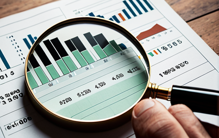 **
A close-up of financial charts and graphs, partially obscured by a magnifying glass held by a hand. The charts show a dip followed by a subtle upward trend. The overall tone is serious and analytical, with a muted color palette. Text overlay: "Fundamental Analysis: Uncovering Hidden Gems."
**