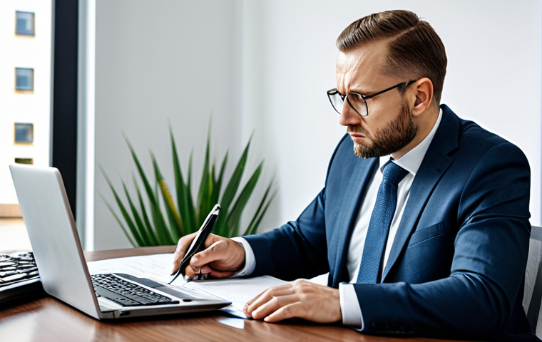 A focused Polish real estate investor, a professional man in a modest business suit, sitting at a modern desk, meticulously reviewing complex financial documents and spreadsheets on a laptop. His expression shows deep concentration, subtly hinting at the challenges of hidden costs. Papers and a calculator are neatly arranged around him. The background is a contemporary, well-lit office interior, representing financial analysis. This image should have perfect anatomy, correct proportions, and a natural pose. It must be safe for work, appropriate content, fully clothed, and professional. Well-formed hands, proper finger count, natural body proportions, professional photography, high quality.