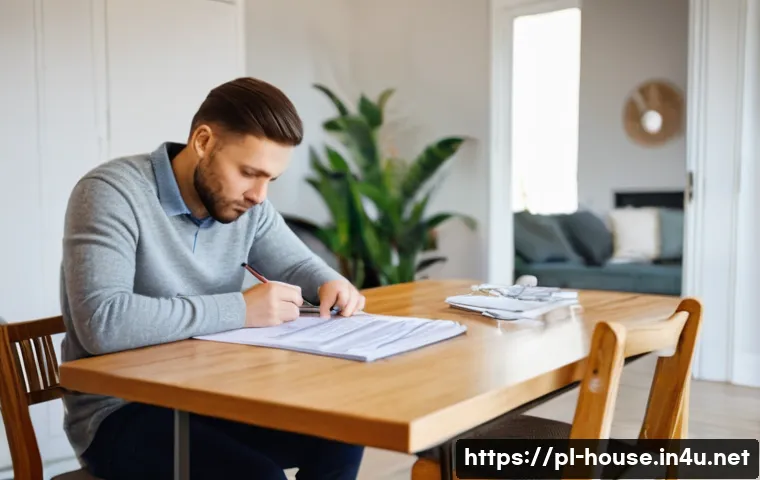 부동산 계약 해지 사례 - **Prompt: Overwhelmed by Real Estate Documents**
A realistic photograph of a young Polish couple...
