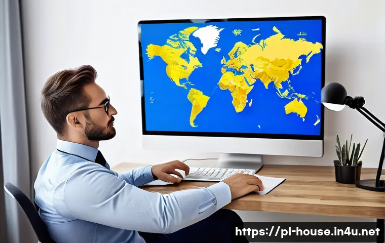 해외 부동산 투자 방법 - A sophisticated real estate investor sitting at a modern desk in a stylish home office, studying mul...