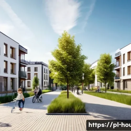 Home 29 신축 아파트 분양정보 - A modern urban residential neighborhood in Poland during a sunny day, featuring new apartment buildi...