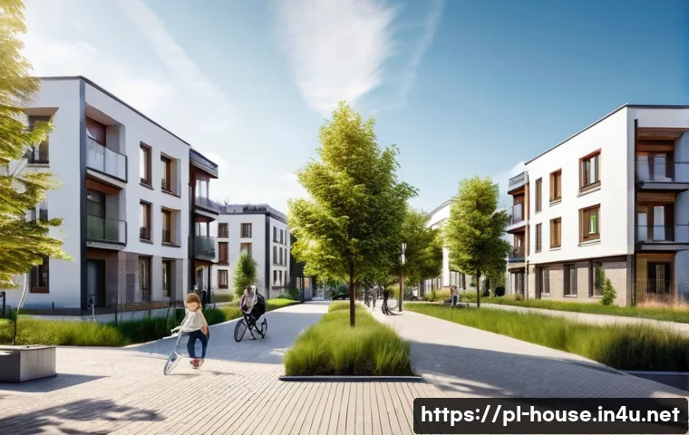 신축 아파트 분양정보 - A modern urban residential neighborhood in Poland during a sunny day, featuring new apartment buildi...