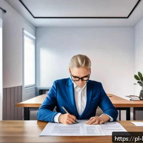 Home 17 주택 매매 계약서 작성법 - A detailed illustration of a real estate contract signing scene in Poland, featuring a middle-aged m...