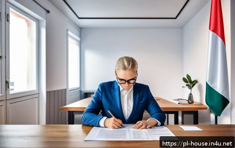 주택 매매 계약서 작성법 - A detailed illustration of a real estate contract signing scene in Poland, featuring a middle-aged m...